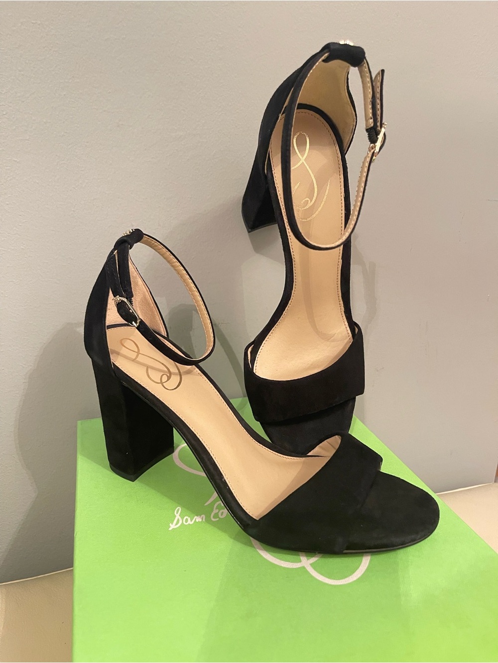 Robyn Sam Edelman Black Suede Hills Ankle-Strap Block Heel Sandals Size 8.5